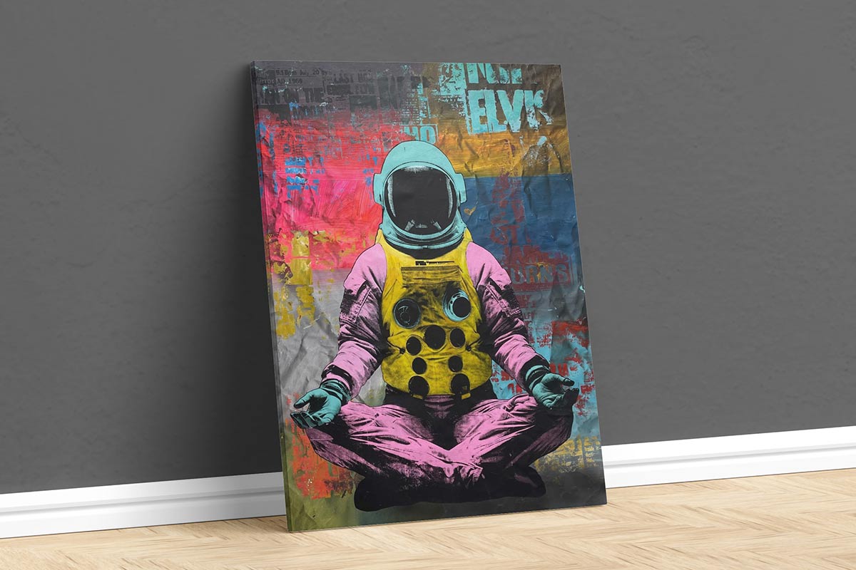 a canvas art print of a spaceman meditating