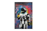 a canvas art print of a person in a spacesuit holding a glass of wine