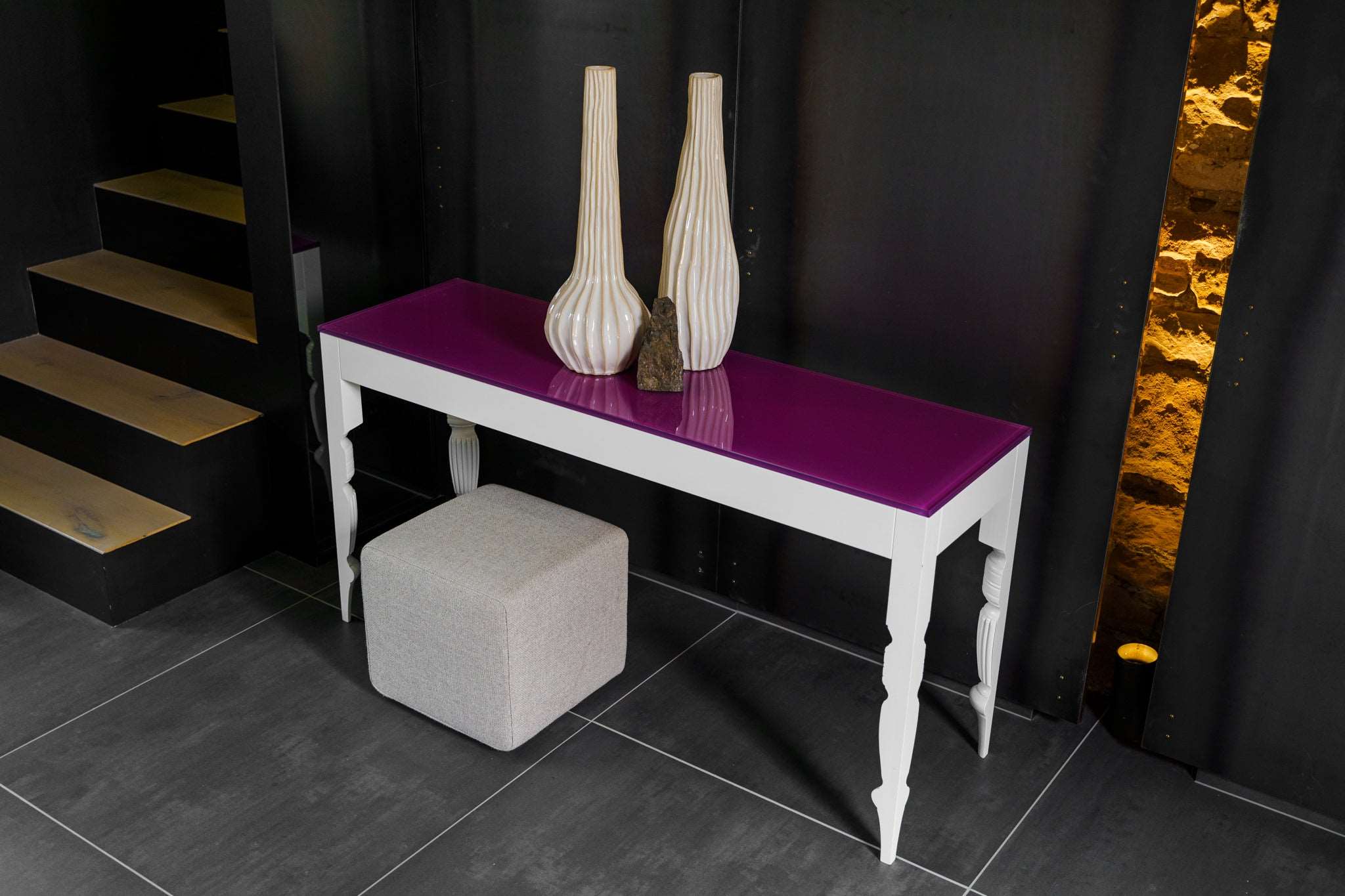 AndyG Console Table with Purple Glass Top